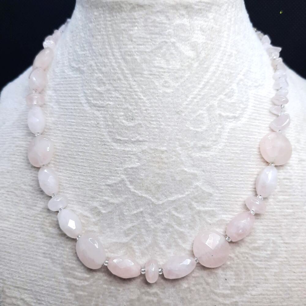 Artisan Rose Quartz Nugget Necklace Pale Pink Gemstone Beaded Smooth Faceted NEW